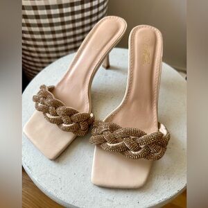 Square Toe Beige Sparkly Braid Heels